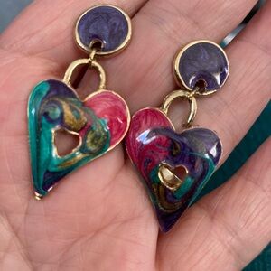 Vintage enameled dangling multi colored heart earrings